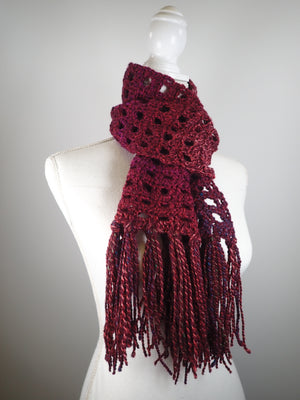 Burgundy Scarf for Men or Women - Windowpane Hand Crocheted Scarf
