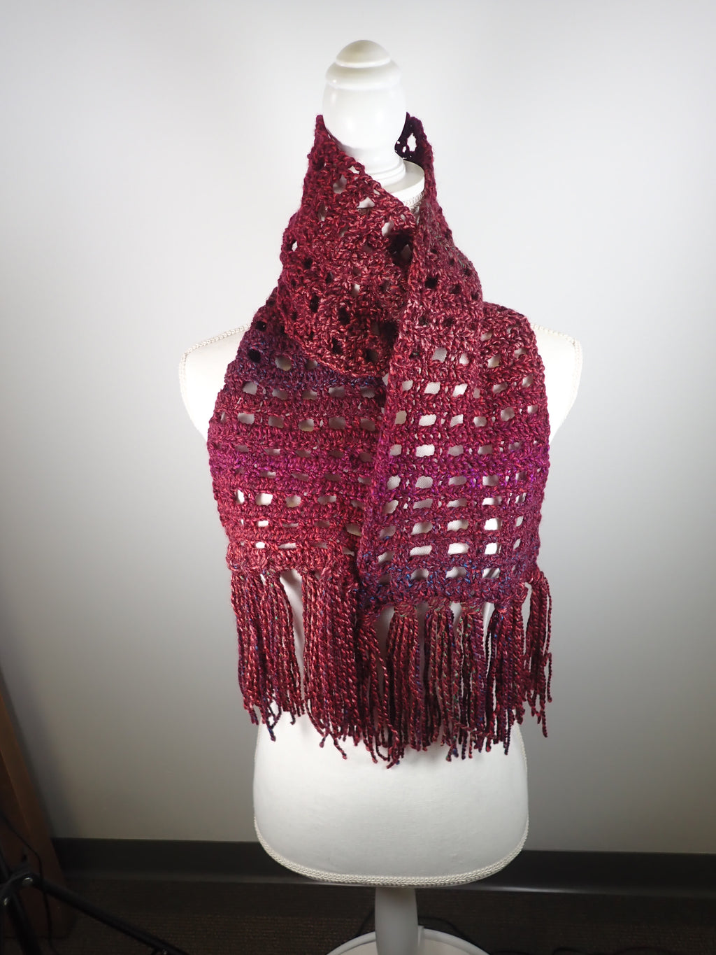 Windowpane hand crocheted burgundy winter scarf