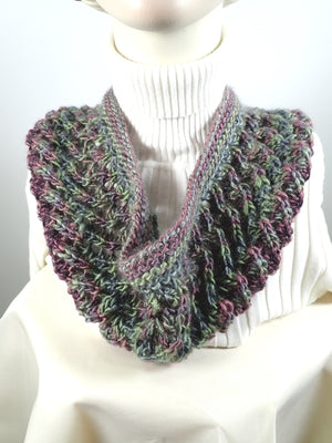 Gifts for her. Hand knitted cowl scarf in Purple and Green. Soft warm acrylic yarn cowl scarf. Womens gift ideas