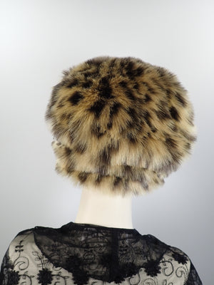 Womens Hat Faux Fur Cloche. Ladies Warm Leopard Hat. Beige and black leopard print cloche. Handmade fake fur hat