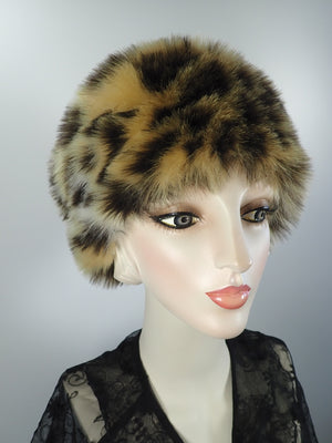 Womens Hat Faux Fur Cloche. Ladies Warm Leopard Hat. Beige and black leopard print cloche. Handmade fake fur hat