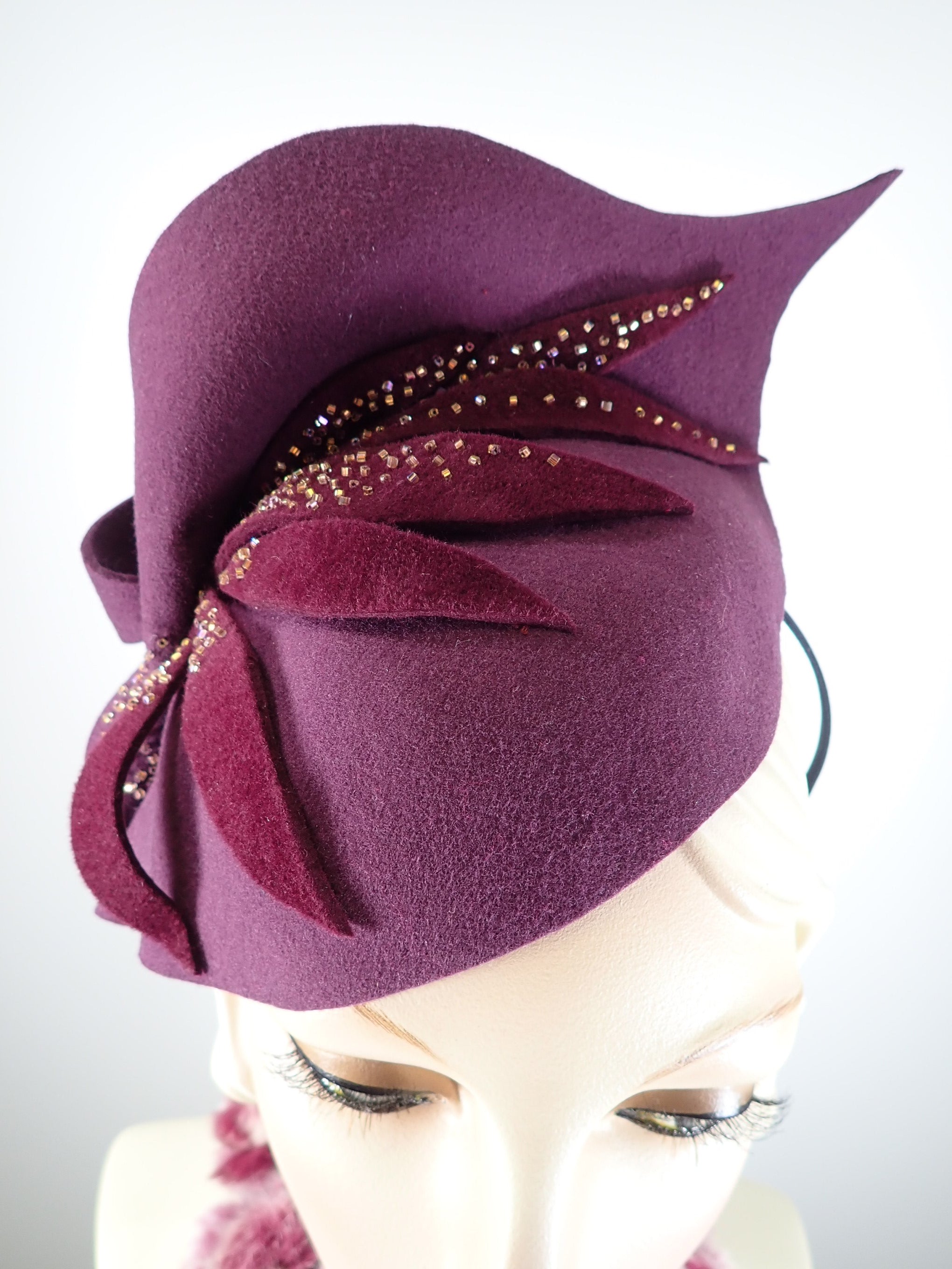 Burgundy Felt Free form Hand Sculpted Fascinator For Fall and Winter