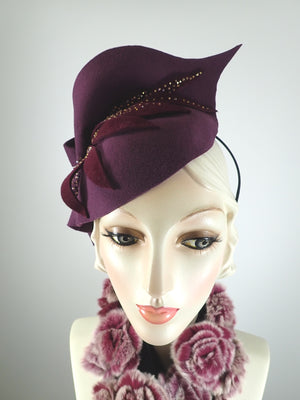 Burgundy Felt Free form Hand Sculpted Fascinator For Fall and Winter
