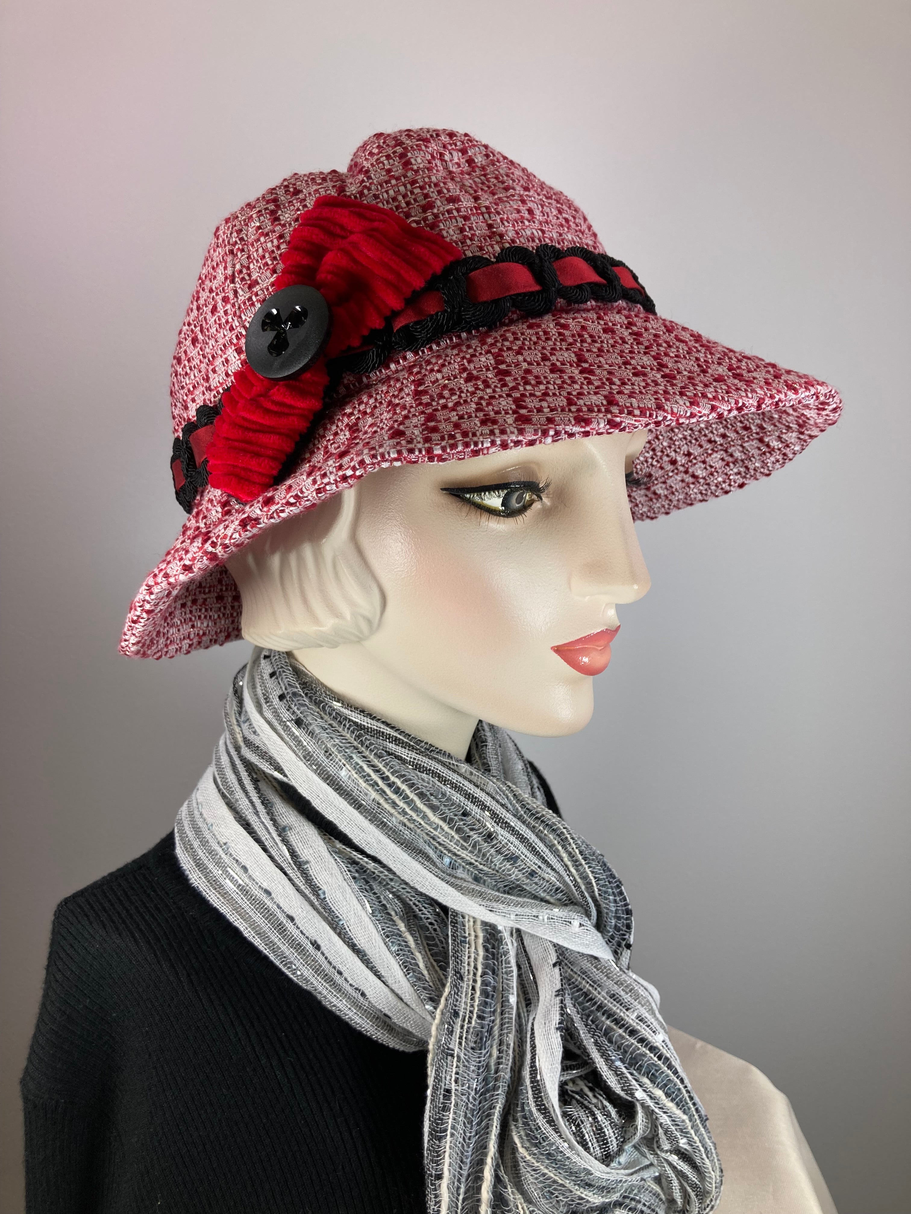 Slow Fashion Hat. Red White Downton Abbey hat. Medium brim hat. Ladies statement hat. Womens Wool hat. Dressy womens hat red white black
