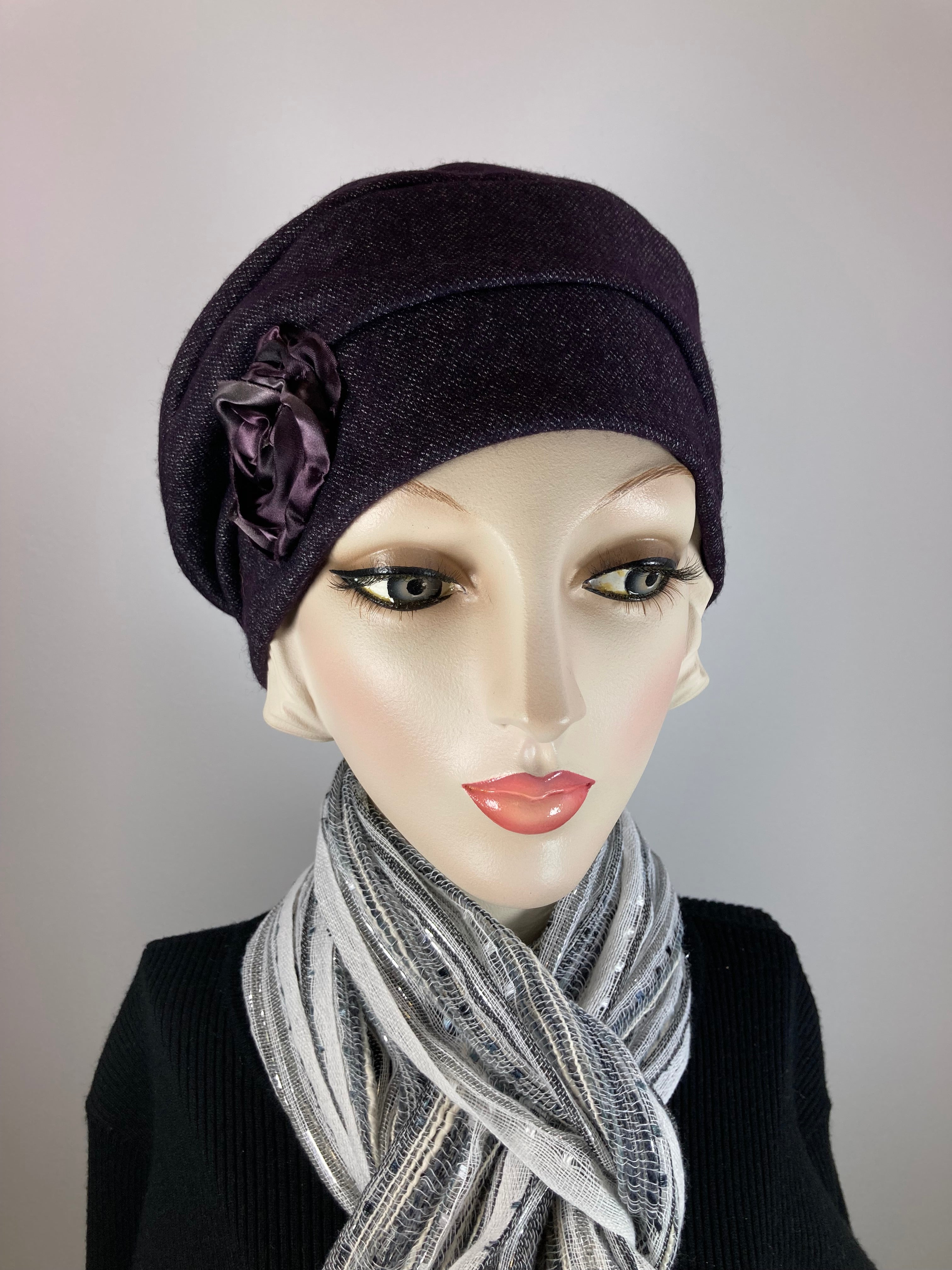 Womens Slouchy Beret. Knit dark purple Hat. Slouch Chemo Alopecia Hat. Boho chic casual hat. Ladies travel hat. Stylish fabric hat.