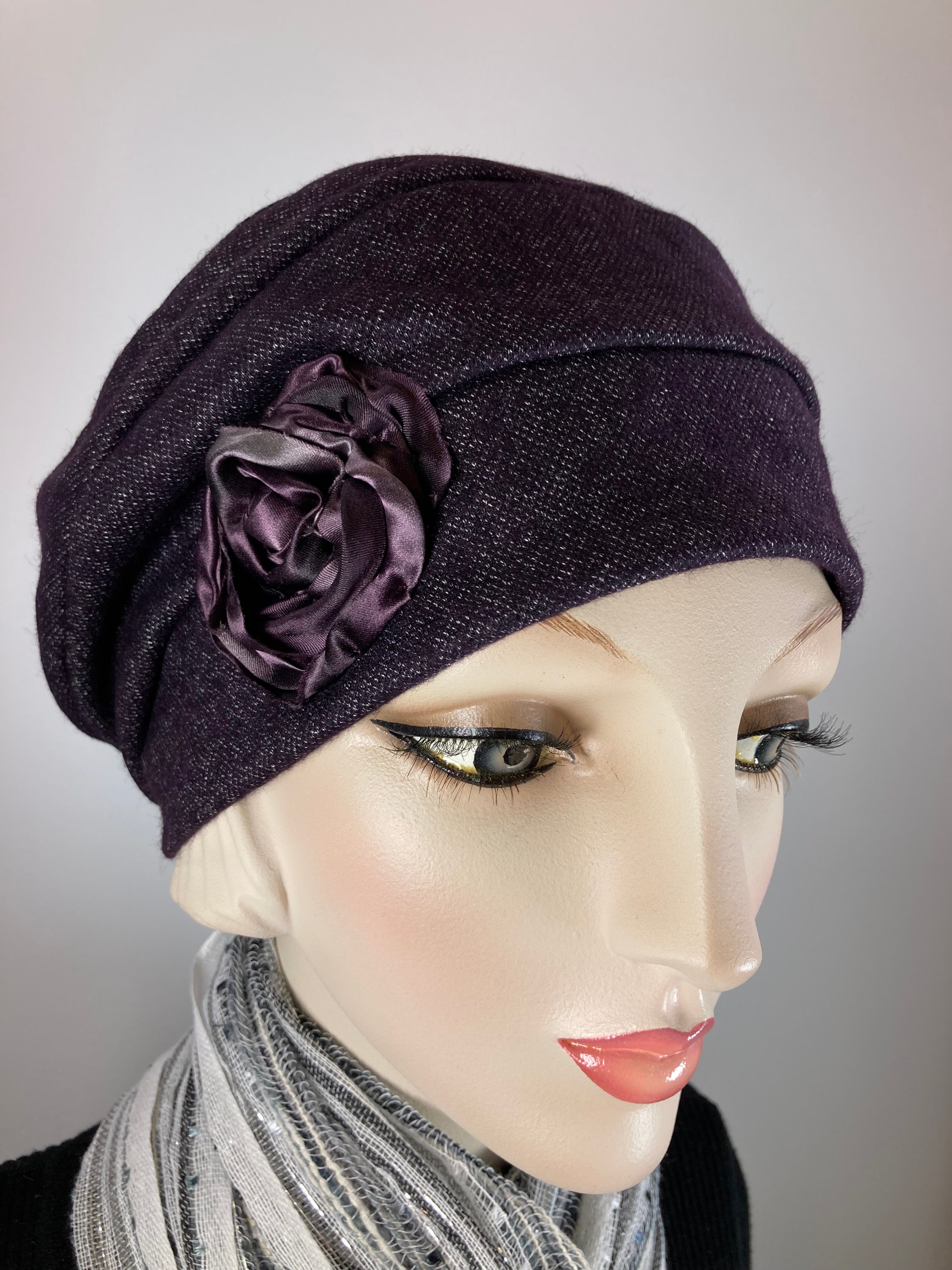 Womens Slouchy Beret. Knit dark purple Hat. Slouch Chemo Alopecia Hat. Boho chic casual hat. Ladies travel hat. Stylish fabric hat.
