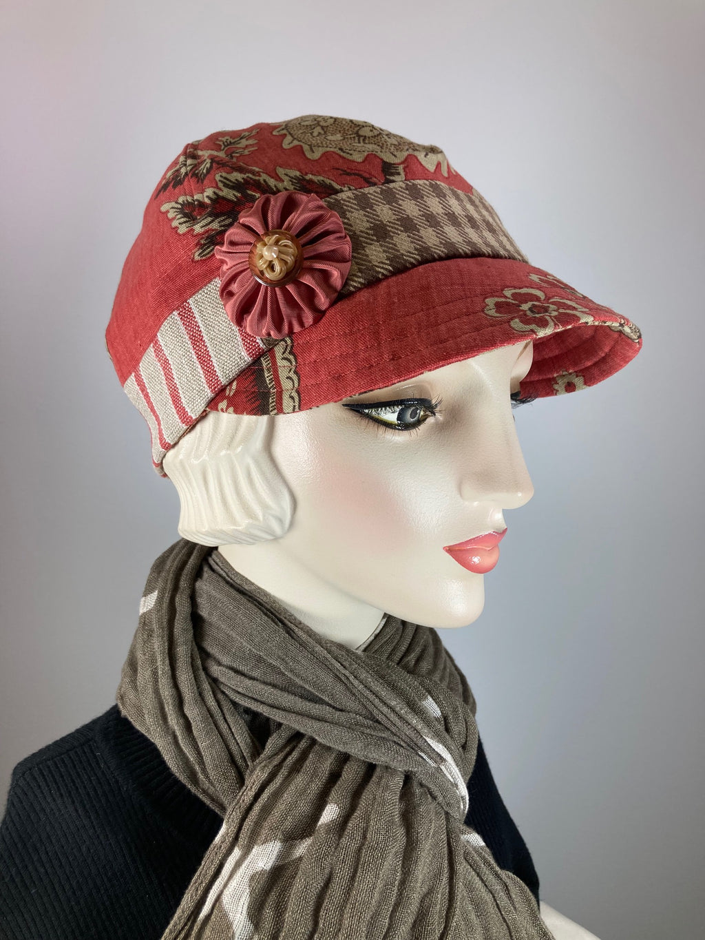 Women's Linen Cap Baseball. Newsboy Cap Russet tan floral. Cool summer casual hat. Sustainable fabric Eco friendly hat. Red cabby cap 
