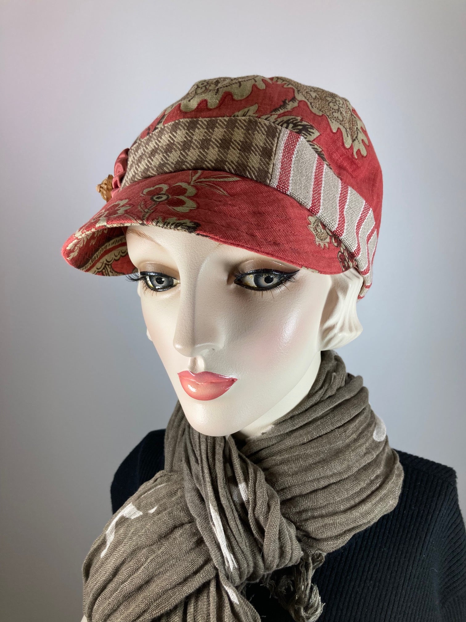Women's Linen Cap Baseball. Newsboy Cap Russet tan floral. Cool summer casual hat. Sustainable fabric Eco friendly hat. Red cabby cap