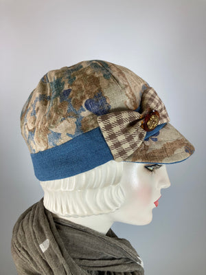 Women's Linen Newsboy Baseball Cap Baseball. Blue tan floral Cool summer casual hat. Sustainable fabric Eco friendly hat. Neutral cabby cap
