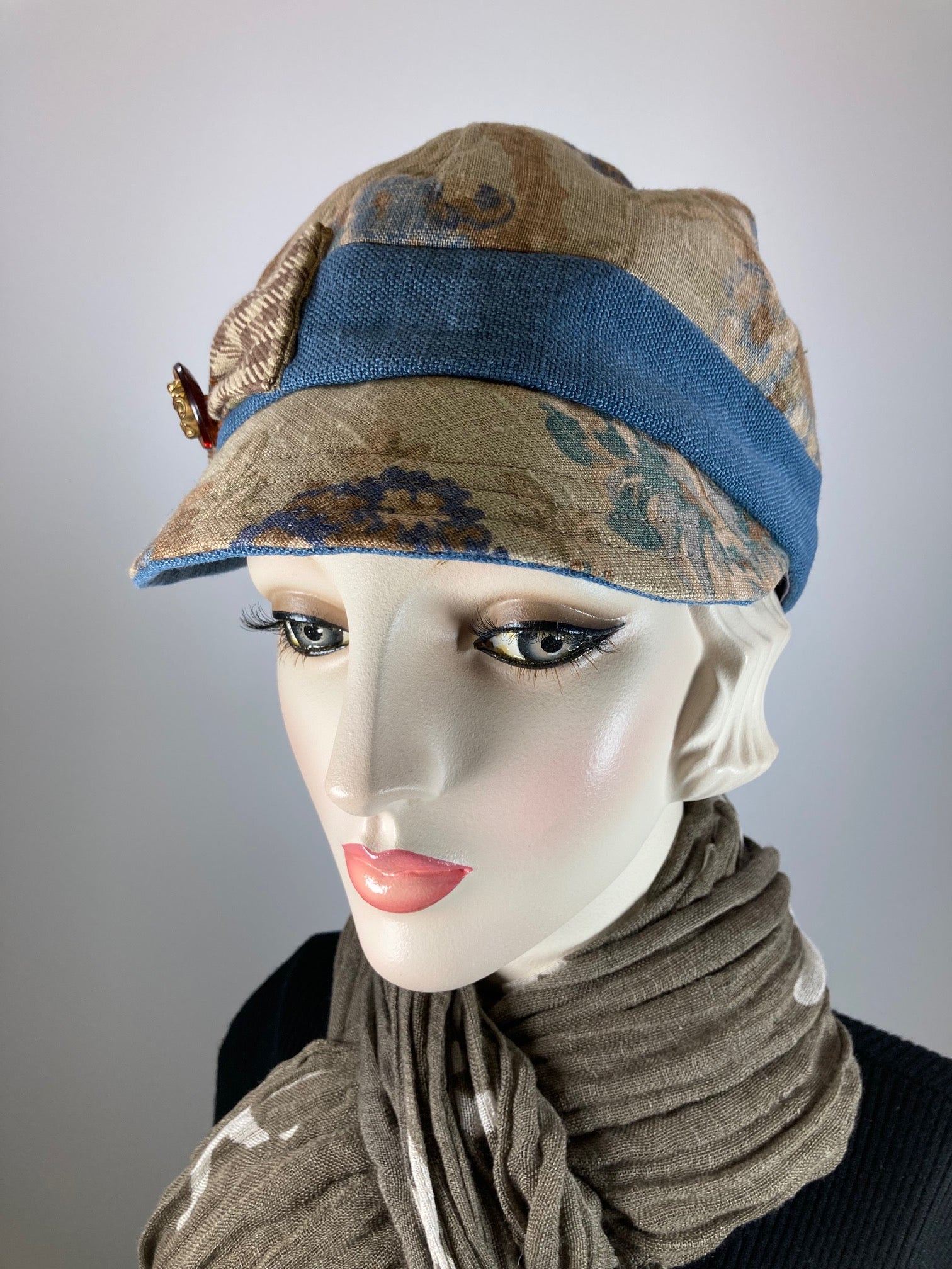 Women's Linen Newsboy Baseball Cap Baseball. Blue tan floral Cool summer casual hat. Sustainable fabric Eco friendly hat. Neutral cabby cap