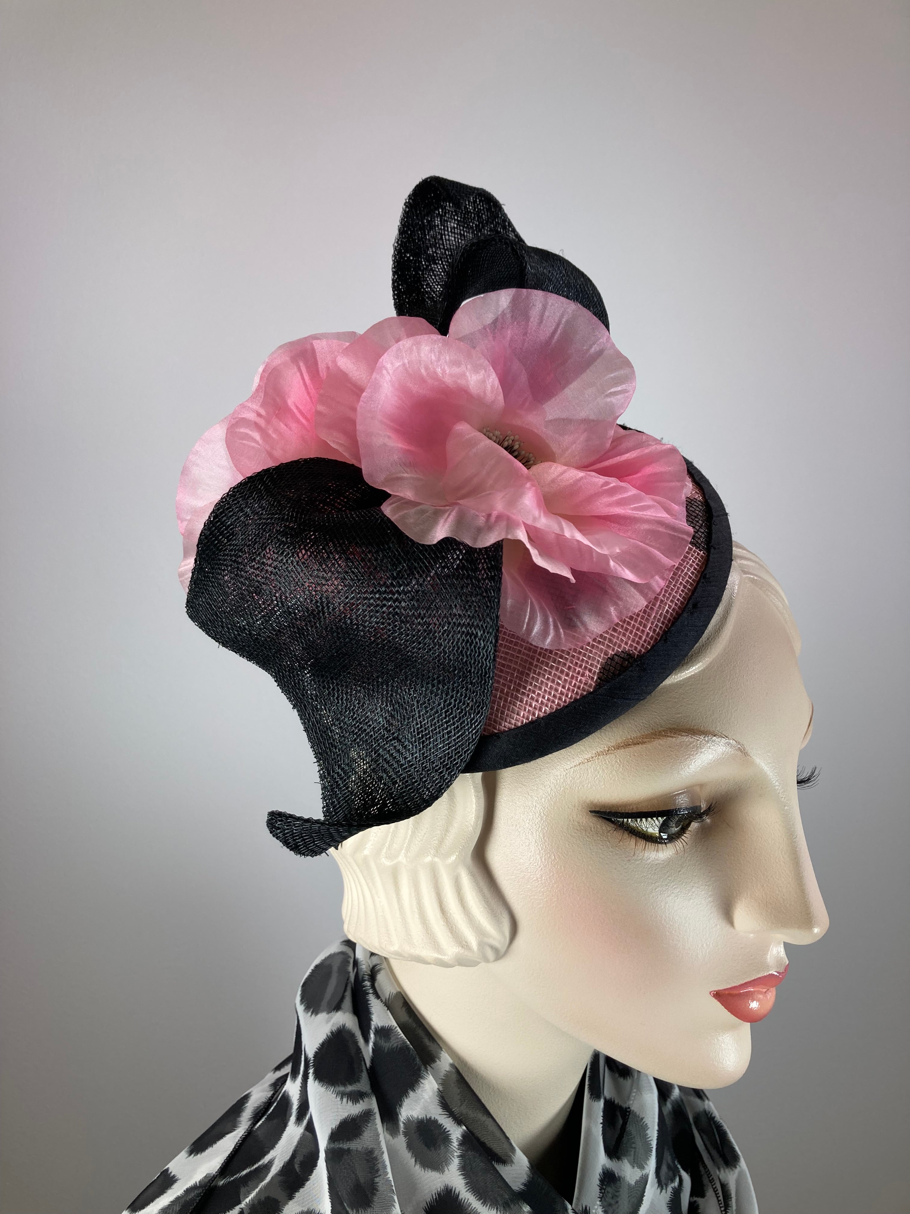 Whimsical fascinator hat. Polka dot Derby headpiece. Pink black Hat. Racewear fascinator. Tea party hat. Fun colorful fascinator.