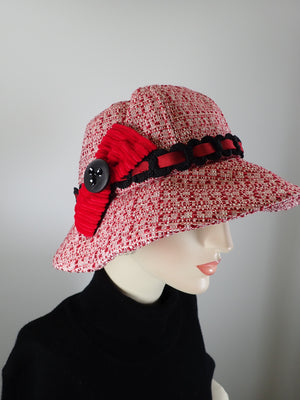 Slow Fashion Hat. Red White Downton Abbey hat. Medium brim hat. Ladies statement hat. Womens Wool hat. Dressy womens hat red white black