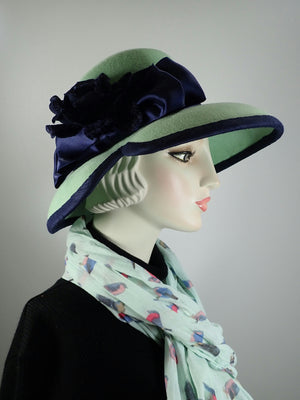 Mint green hat Downton. Navy and green womens hat. Wool felt Down brim –  What a Great Hat