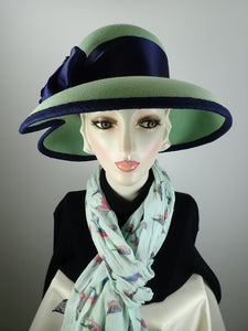 Mint green hat Downton. Navy and green womens hat. Wool felt Down brim hat. Women's dressy brim hat. Special occasion hat.