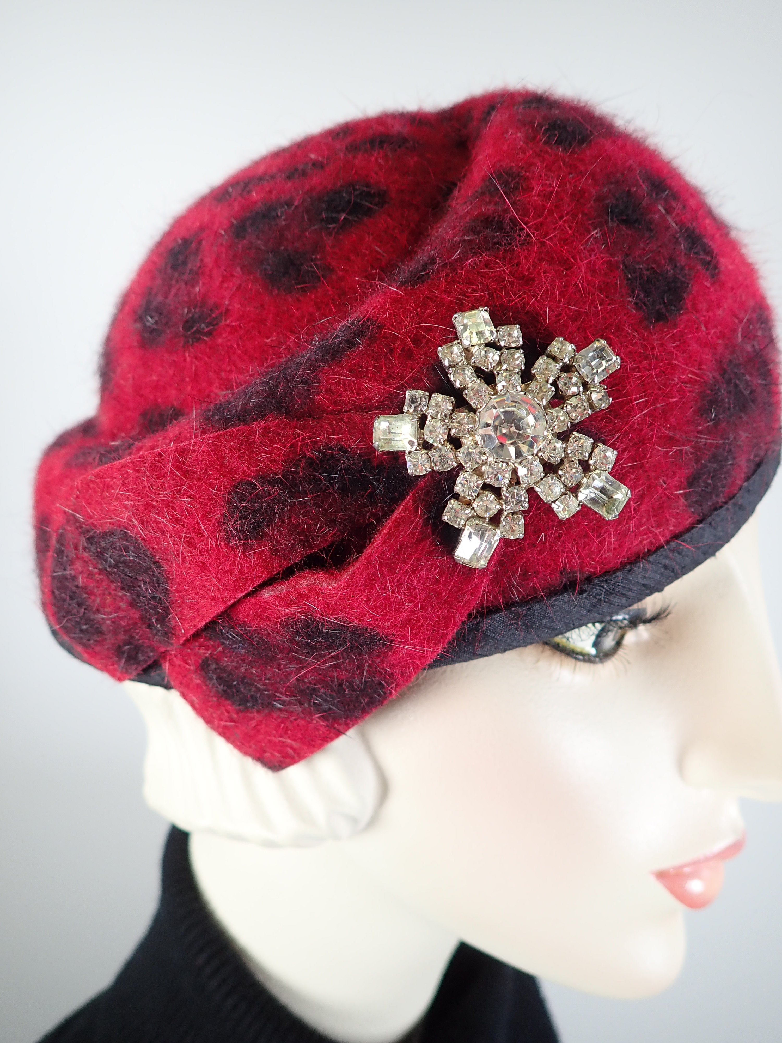 Womens Red and Black Leoopard Print Turban Topper Hat. Felted Wool structured Percher hat. Warm Winter Ladies Hat.
