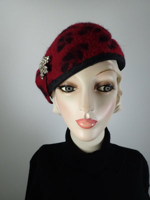 Womens Red and Black Leoopard Print Turban Topper Hat. Felted Wool structured Percher hat. Warm Winter Ladies Hat.