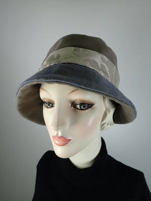Putty gray blue cloche hat. Flapper womens bucket hat. Small brim hat winter. Great Gatsby hat. Mixed fabric Downton Abbey Hat.