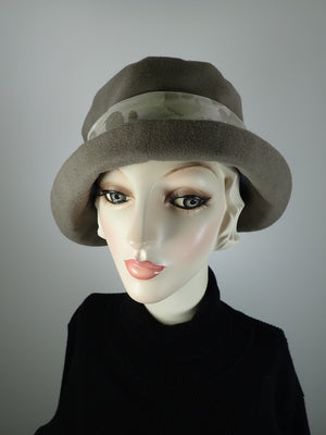 Putty gray blue cloche hat. Flapper womens bucket hat. Small brim hat winter. Great Gatsby hat. Mixed fabric Downton Abbey Hat.