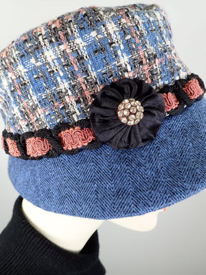 Blue Pink White cloche hat. Flapper womens bucket hat. Small brim hat winter. Great Gatsby hat. Downton Abbey Hat. Mixed fabric hat