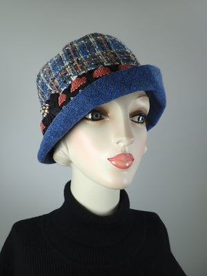 Blue Pink White cloche hat. Flapper womens bucket hat. Small brim hat winter. Great Gatsby hat. Downton Abbey Hat. Mixed fabric hat
