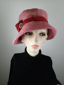 Red and White cloche hat. Flapper womens bucket hat. Small brim winter Great Gatsby hat. Downton Abbey Hat. Mixed fabric hat