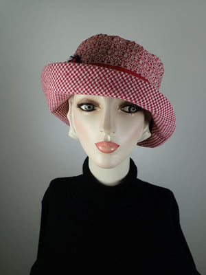Red and White cloche hat. Flapper womens bucket hat. Small brim winter Great Gatsby hat. Downton Abbey Hat. Mixed fabric hat 