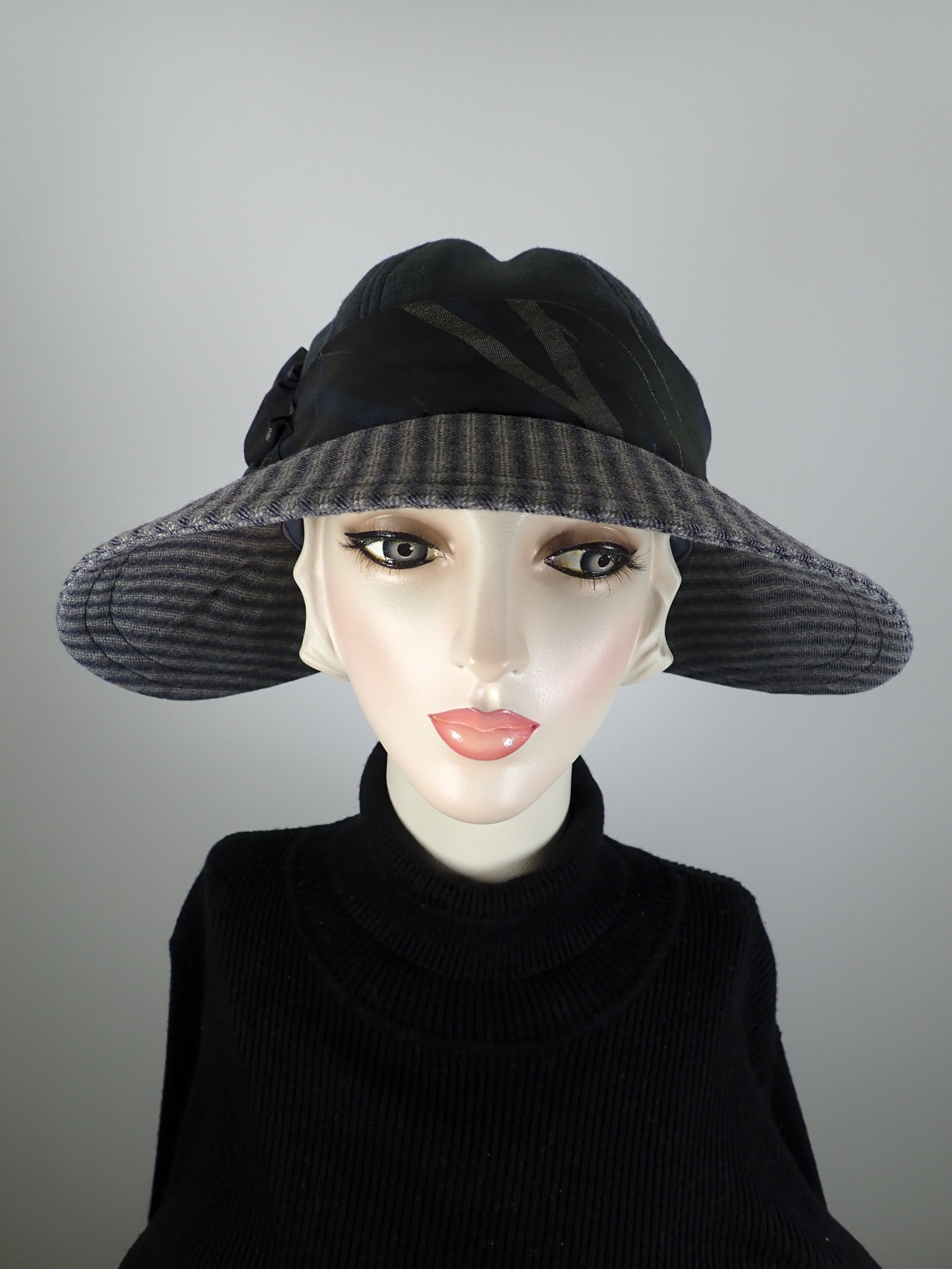 Slow Fashion Hat. Downton Abbey hat. Medium brim Ladies statement hat. Womens soft dressy hat. Gray, black and blue womens hat.  
