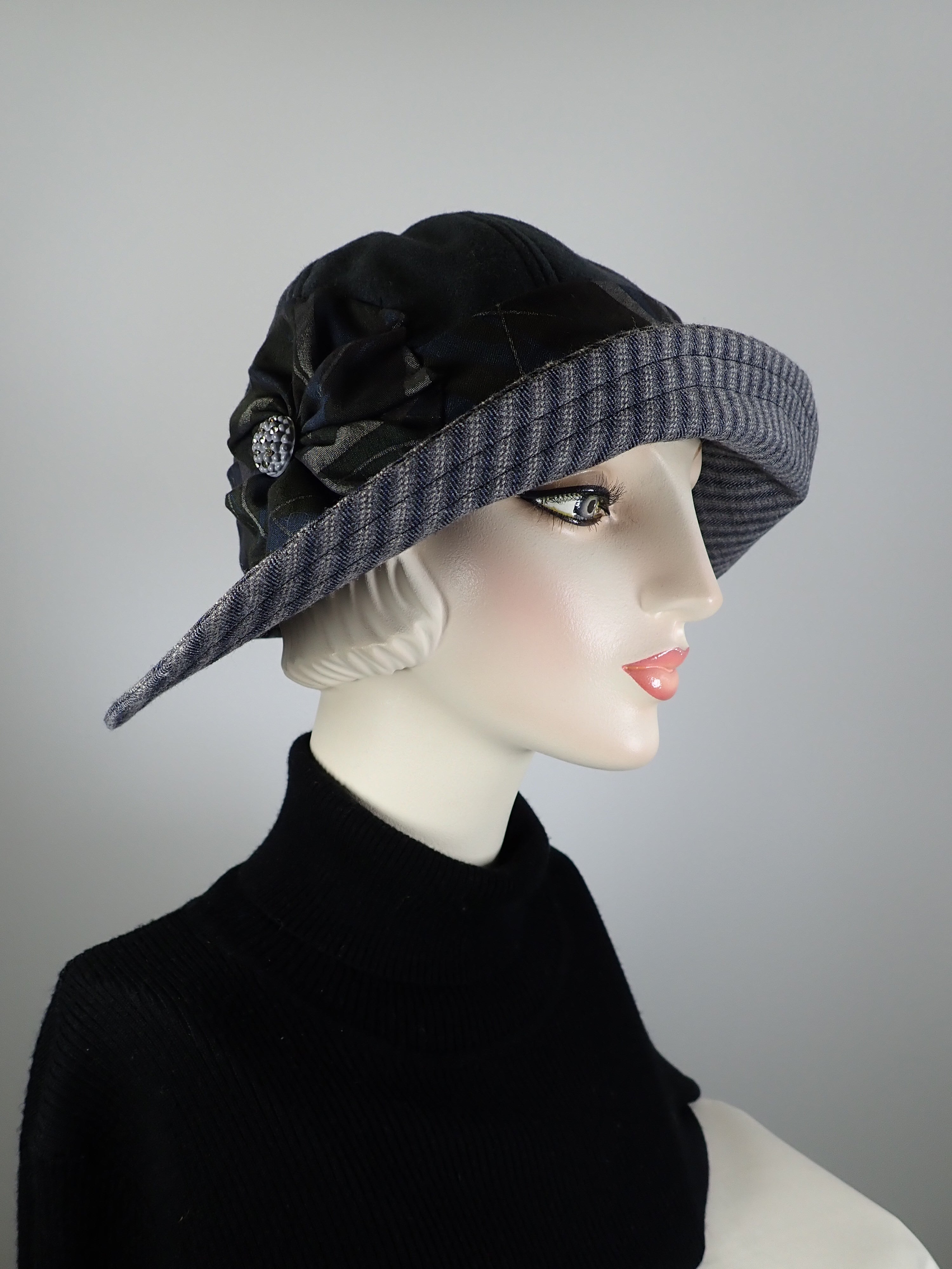 Slow Fashion Hat. Downton Abbey hat. Medium brim Ladies statement hat. Womens soft dressy hat. Gray, black and blue womens hat.