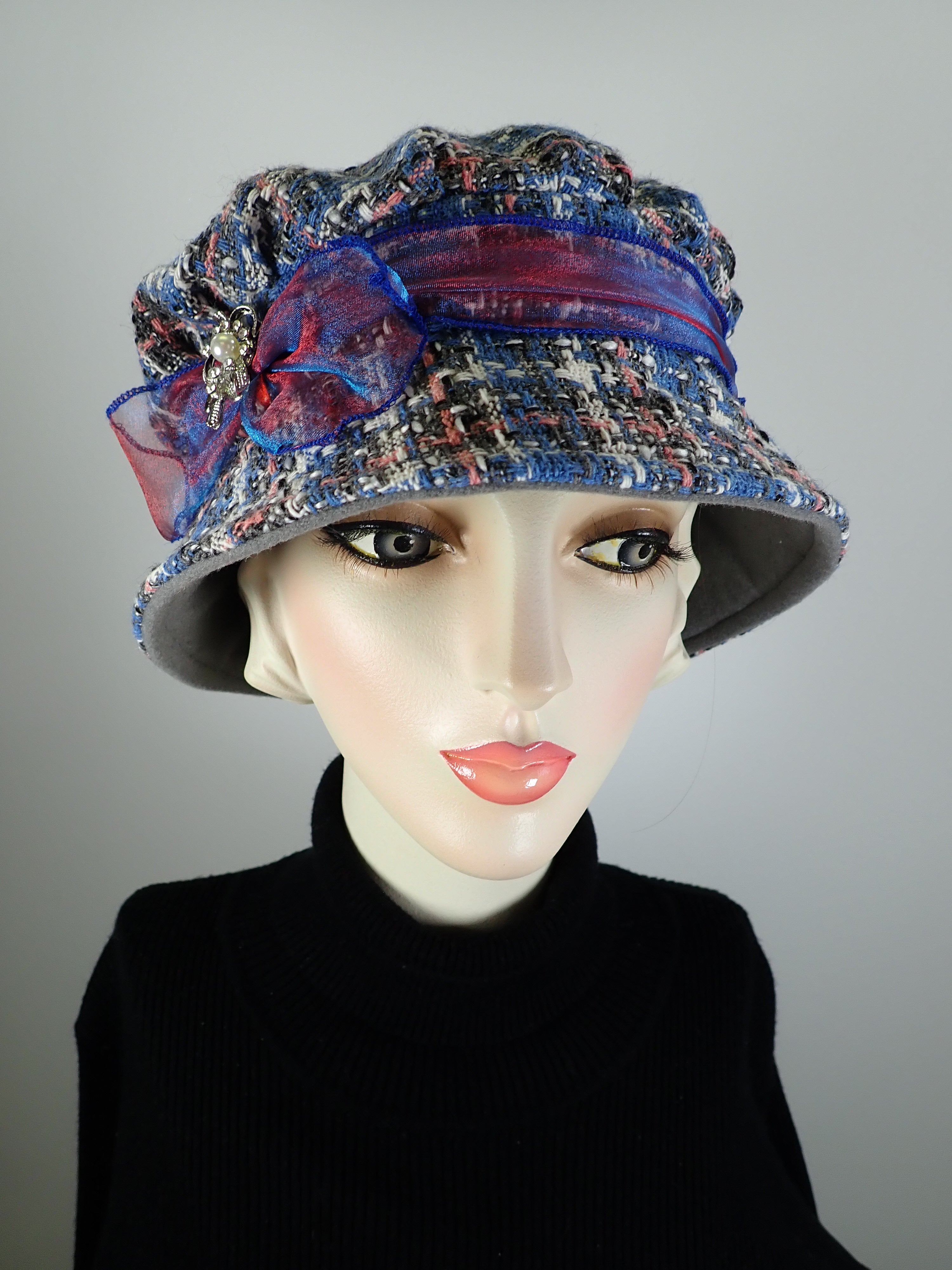 Downton Abbey Hat. Shabby chic bucket hat. Blue gray pink Cloche Hat. Winter Stylish small Hat. Womens Travel Hat. Great Gatsby Hat.  