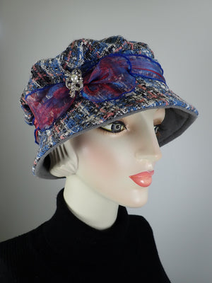 Downton Abbey Hat. Shabby chic bucket hat. Blue gray pink Cloche Hat. Winter Stylish small Hat. Womens Travel Hat. Great Gatsby Hat.