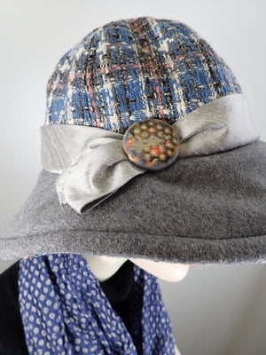 Slow Fashion Hat. Blue Gray Downton Abbey medium brim hat. Ladies wool statement hat. Dressy womens hat blue pink gray