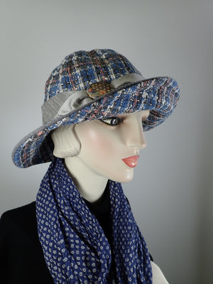 Slow Fashion Hat. Blue Gray Downton Abbey medium brim hat. Ladies wool statement hat. Dressy womens hat blue pink gray