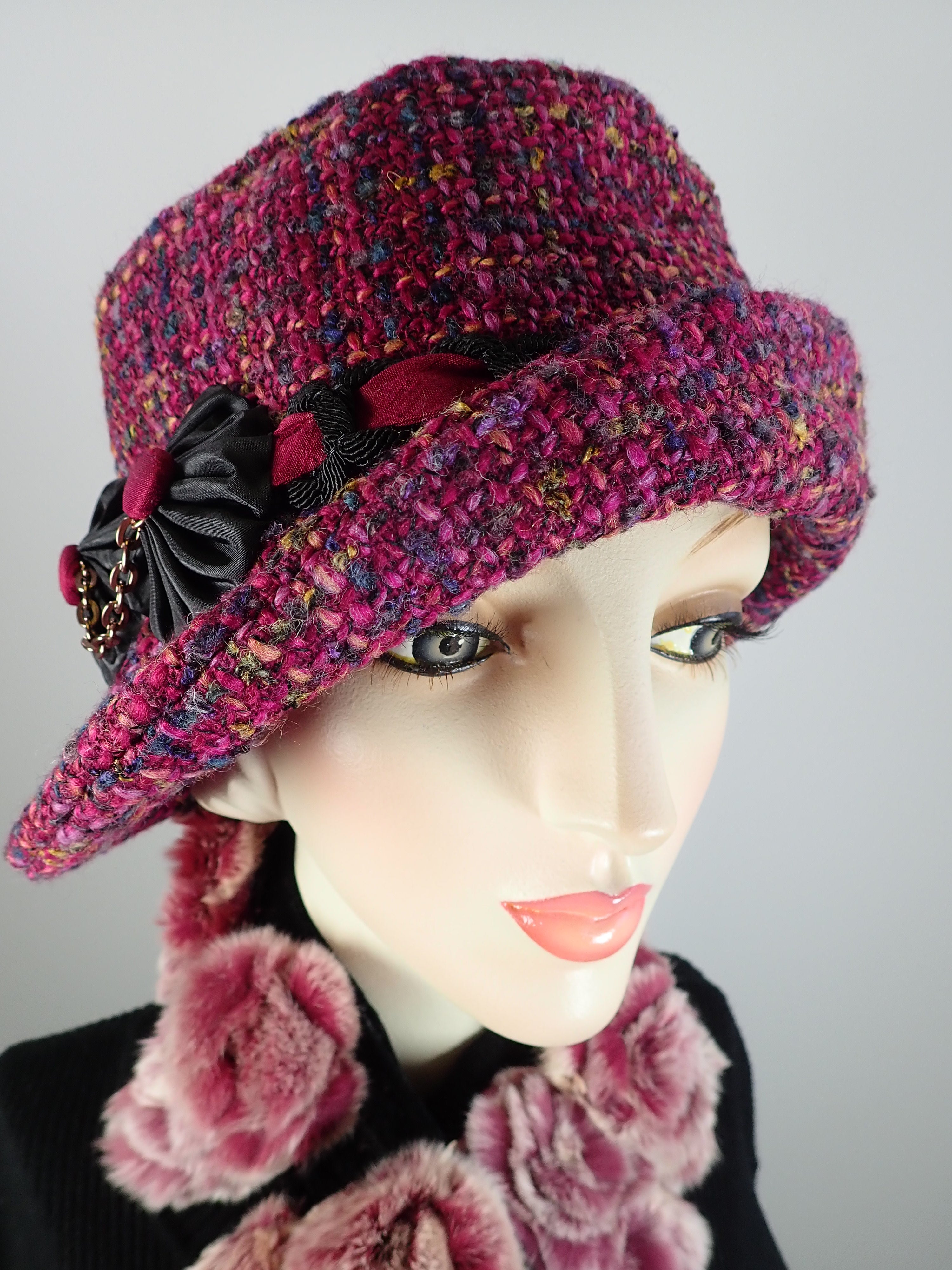 Berry boucle cloche hat. Flapper womens bucket hat. Small brim purple hat winter. Great Gatsby hat. Downton Abbey Hat. Designer inspired hat