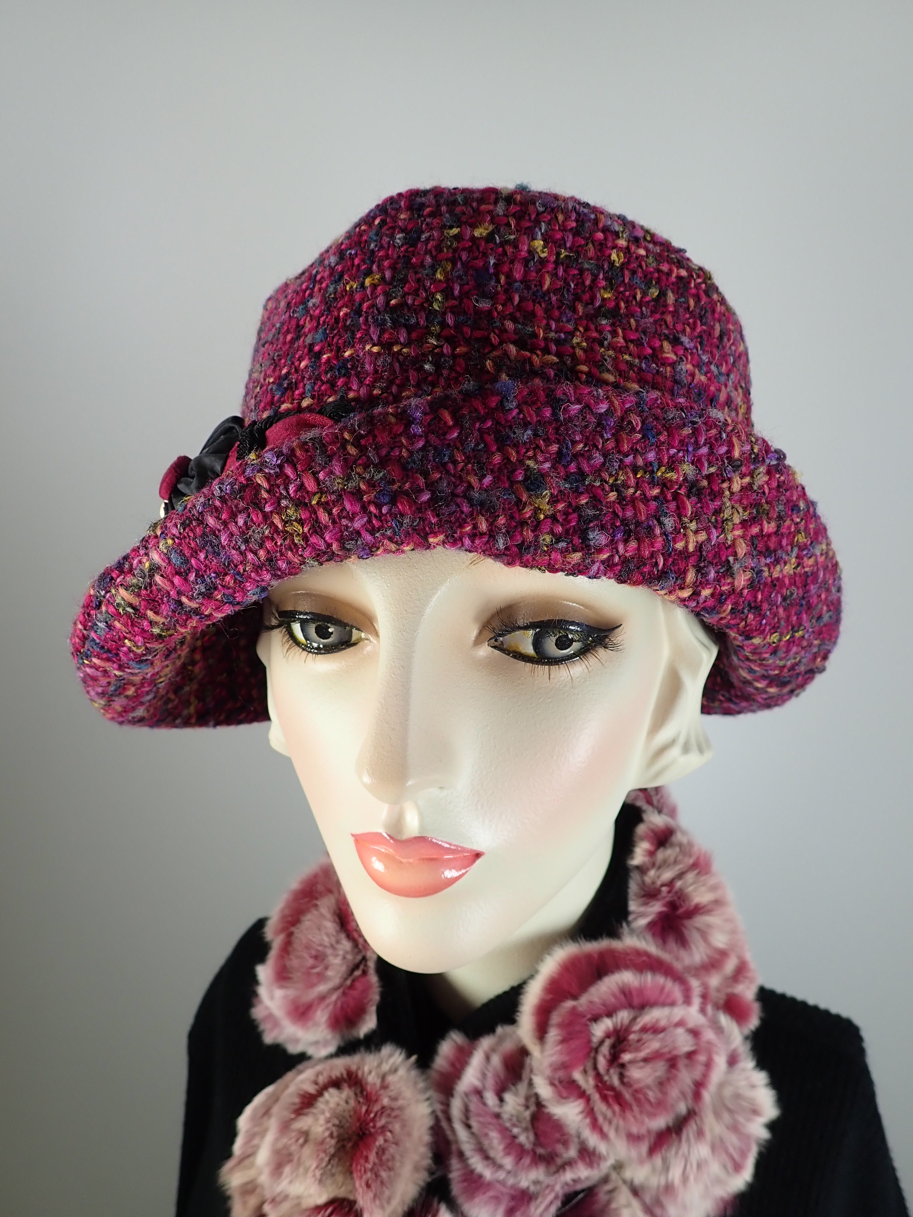 Berry boucle cloche hat. Flapper womens bucket hat. Small brim purple hat winter. Great Gatsby hat. Downton Abbey Hat. Designer inspired hat
