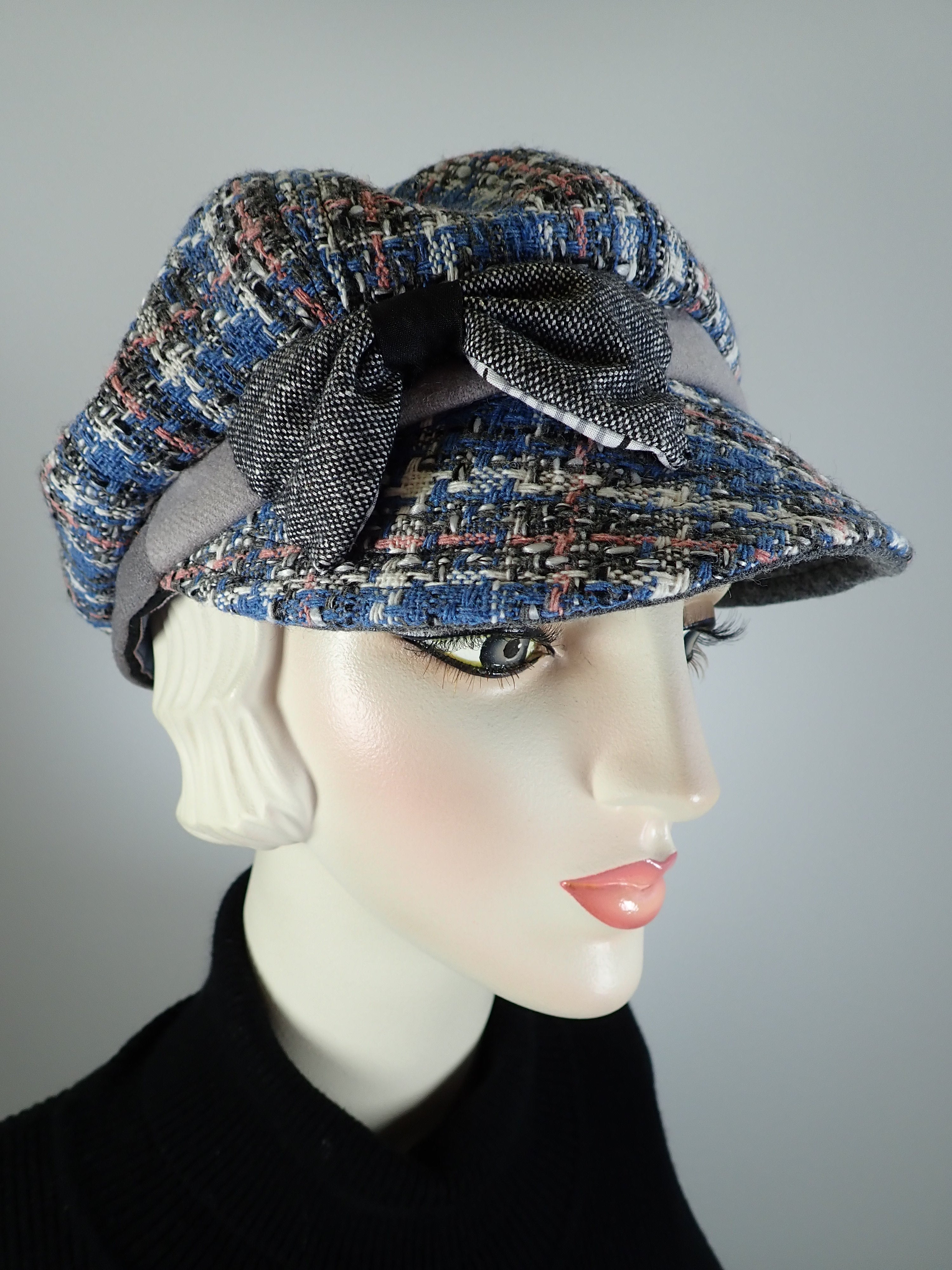 Womens Blue pink plaid Hat. Soft Newsboy Hat. Slouchy Newsboy Cap. Ladies Winter Hat. Sustainable fashion hat. Striking Eco friendly hat.