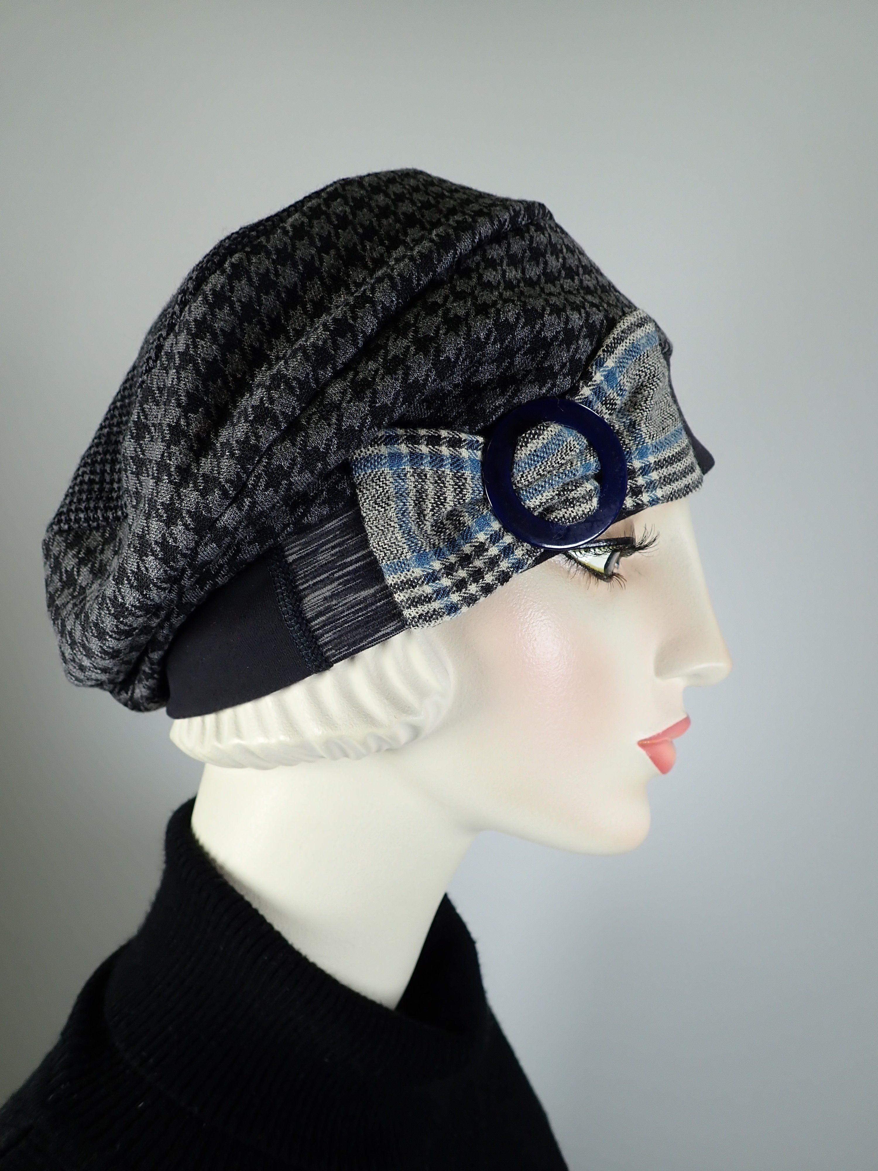 Womens Slouchy Beret. Knit black gray blue Hat. Slouch Eco friendly Hat. Boho chic casual hat. Ladies travel hat. Stylish fabric hat.