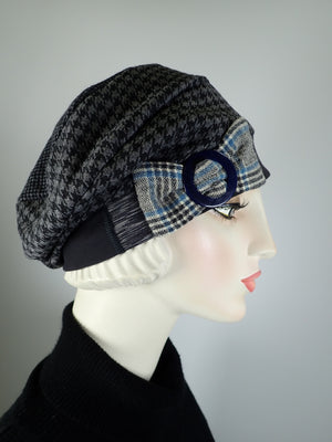 Womens Slouchy Beret. Knit black gray blue Hat. Slouch Eco friendly Hat. Boho chic casual hat. Ladies travel hat. Stylish fabric hat.