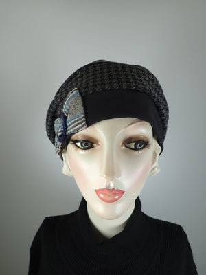Womens Slouchy Beret. Knit black gray blue Hat. Slouch Eco friendly Hat. Boho chic casual hat. Ladies travel hat. Stylish fabric hat.