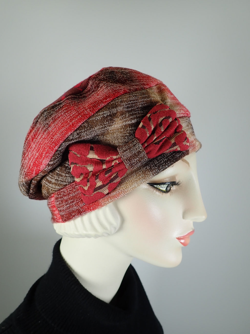 Womens Slouchy Beret. Knit red brown Hat. Slouch Eco friendly Hat. Boho chic casual hat. Ladies travel hat. Stylish fabric hat.