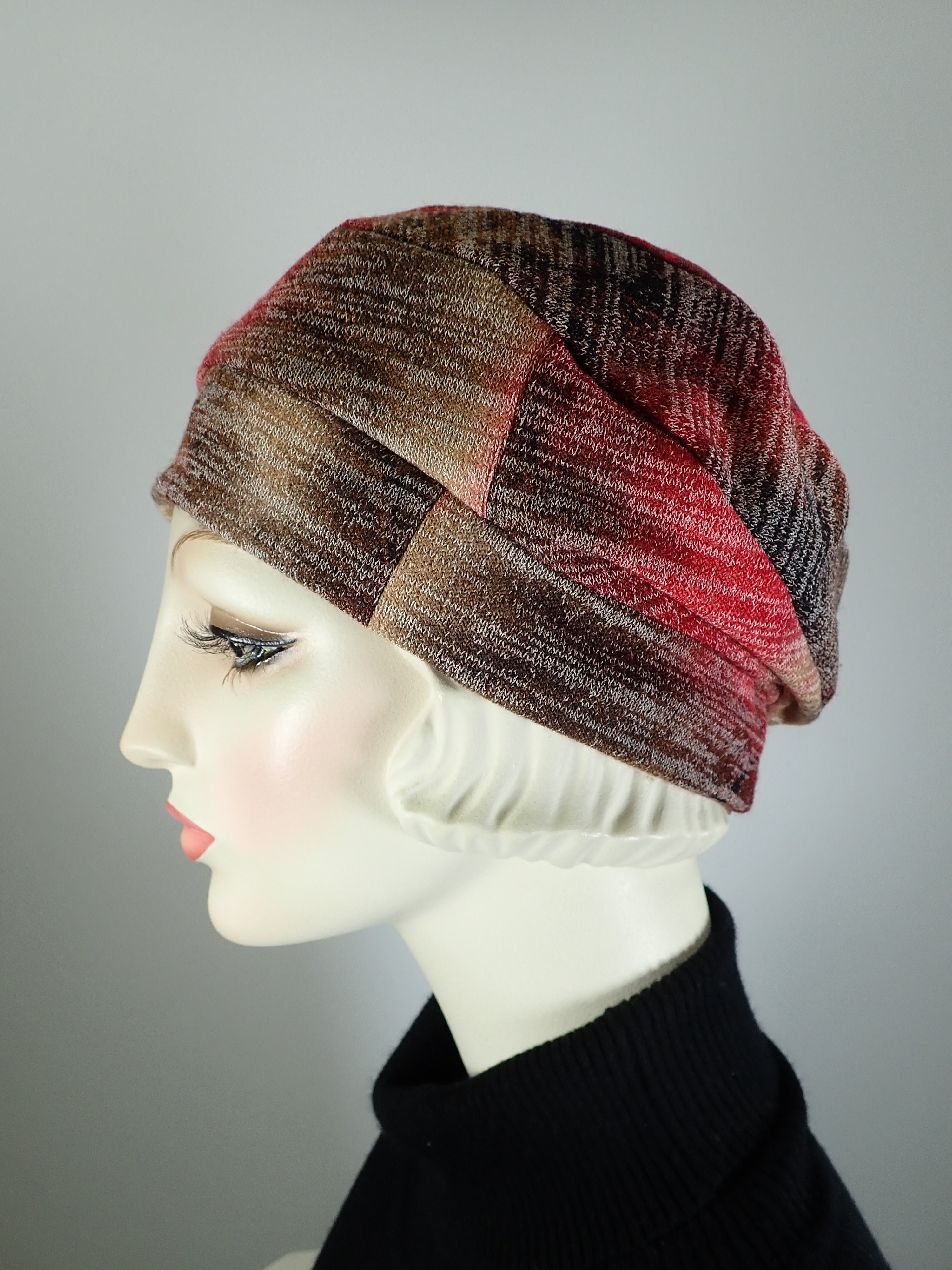 Womens Slouchy Beret. Knit red brown Hat. Slouch Eco friendly Hat. Boho chic casual hat. Ladies travel hat. Stylish fabric hat.