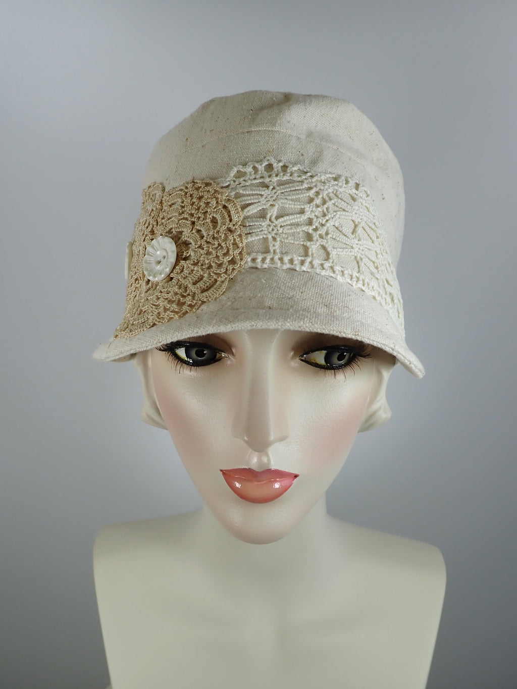Natural nubby ivory military newsboy hat women w vintage lace