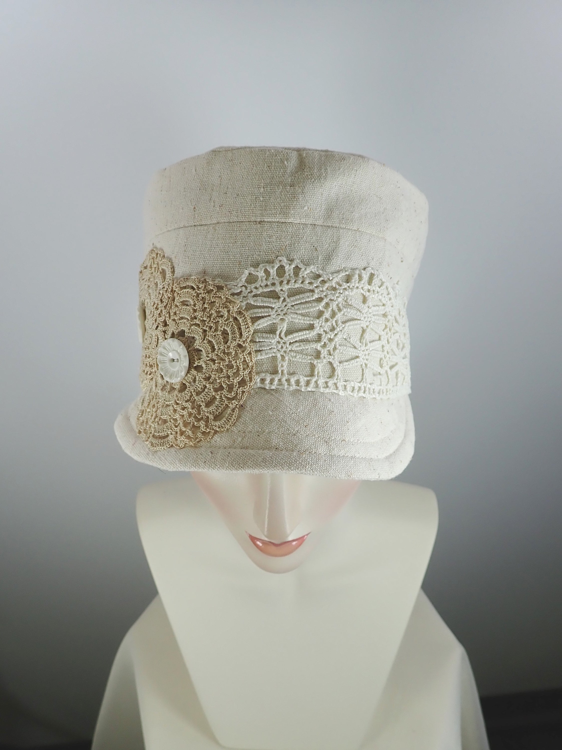 Womens Summer Cream Nubby Woven Fabric Military Newsboy Cap - Womens Visor Travel Hat, Summer Cool Hat
