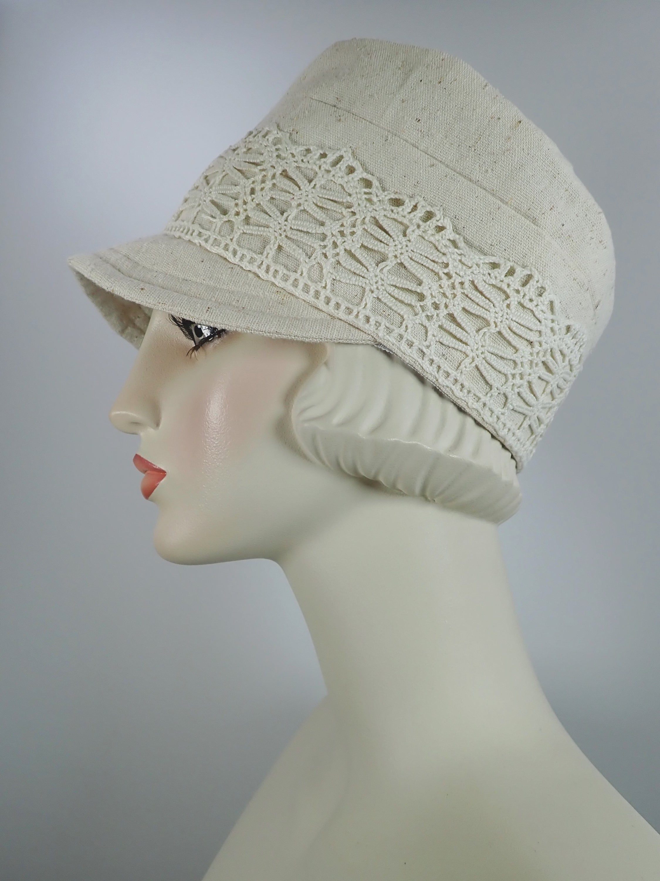 Womens Summer Cream Nubby Woven Fabric Military Newsboy Cap - Womens Visor Travel Hat, Summer Cool Hat