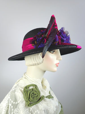 Bold statement brim hat. Recycled straw hat. Dramatic Black Pink Edwardian style hat. Wide Brim Church Hat.