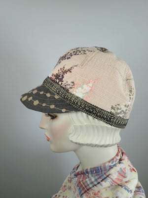 Womens Baseball Cap. Newsboy hat. Neutral Summer Hat. Womens Visor Cap. Travel Hat. Vintage Bark Cloth Summer Cap. Womens Summer Hat Peach