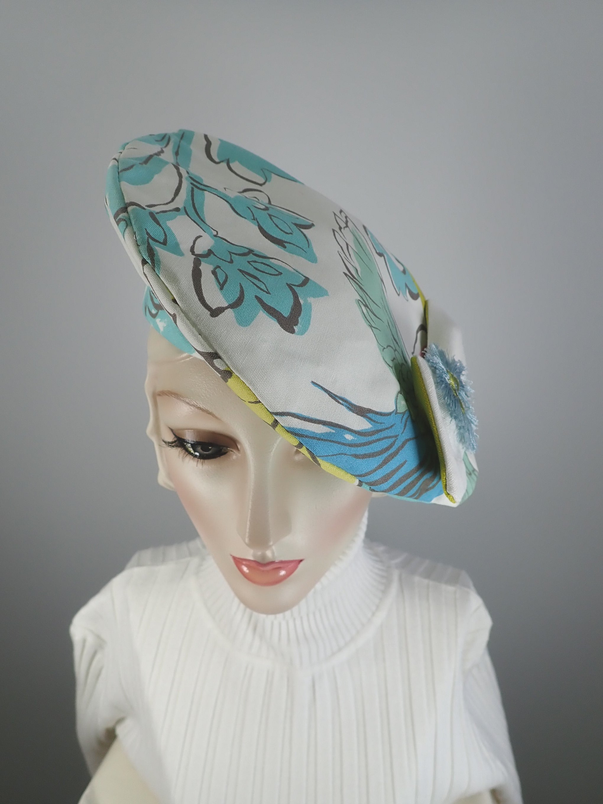 Funky fun beret Hat 1940s style. Colorful Floral asymmetrical beret hat. Sustainable fabric Statement hat. Soft fabric beret.