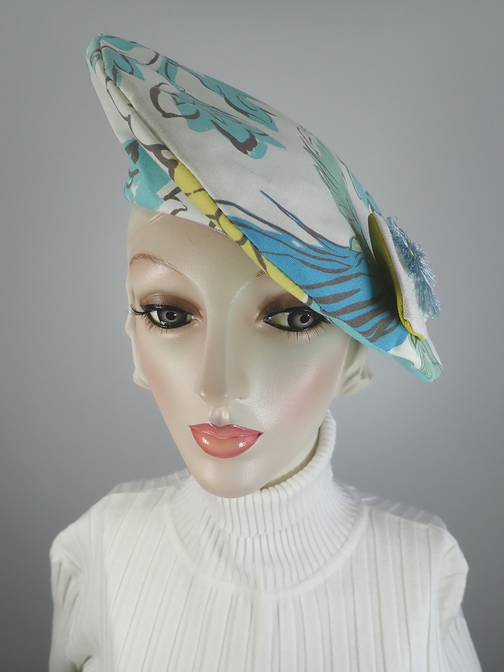 Funky fun beret Hat 1940s style. Colorful Floral asymmetrical beret hat. Sustainable fabric Statement hat. Soft fabric beret.