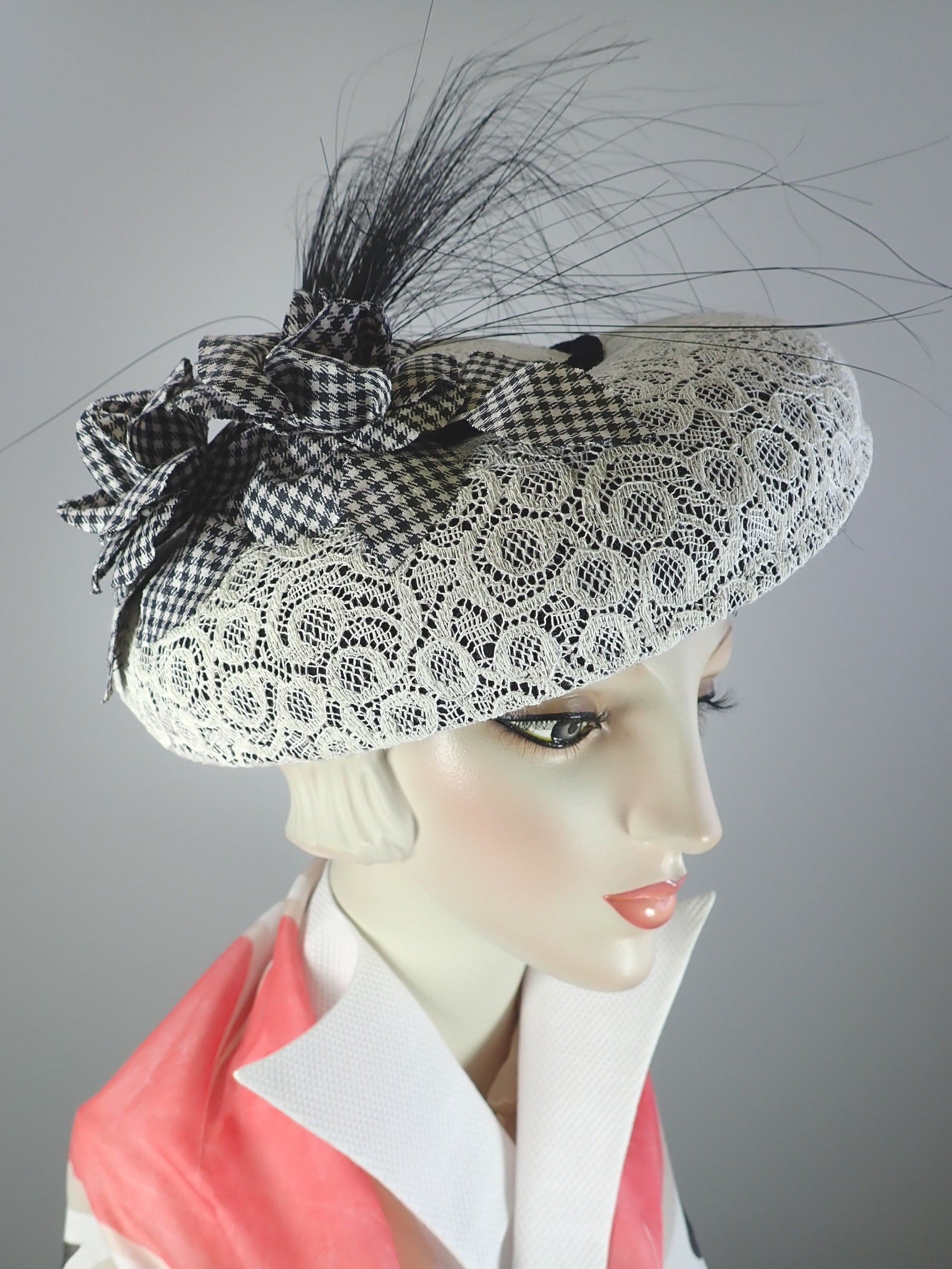 Vintage lace tilt hat with black and white flowers