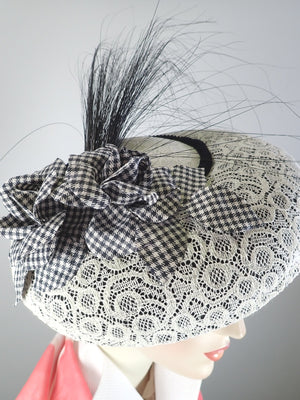 Black and white vintage lace fascinator tilt hat. Chic Church hat. Elegant Kentucky Derby lace fascinator hat.