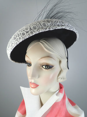 Black and white vintage lace fascinator tilt hat. Chic Church hat. Elegant Kentucky Derby lace fascinator hat.